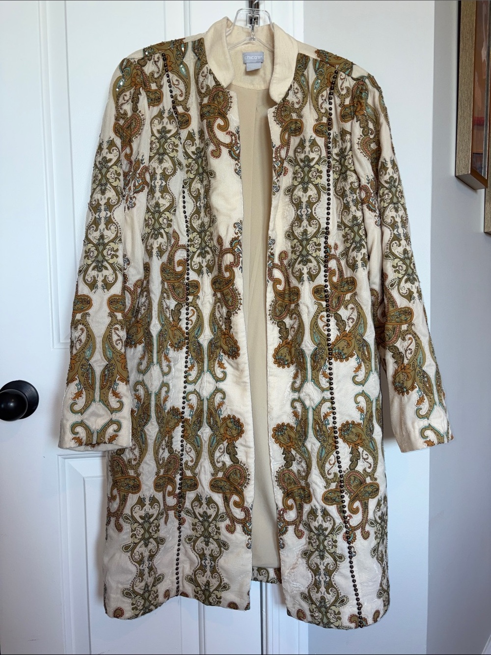 Chico's Cream Jacket with Multicolor Paisley Embroidery